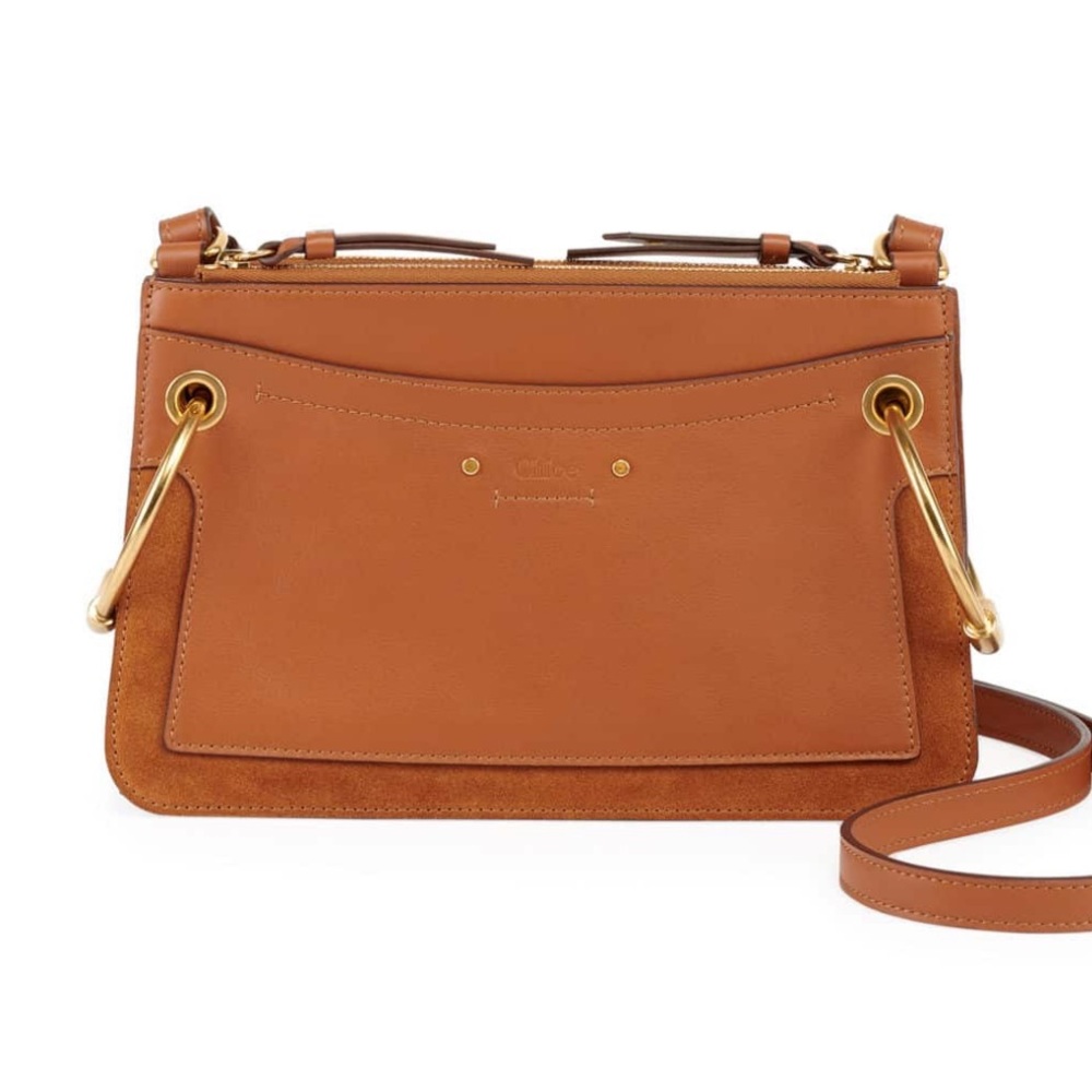 CHLOE ROY MINI LEATHER SHOULDER BAG, SUEDE, DOUBLE COMPARTMENTS GOLD HARDWARE